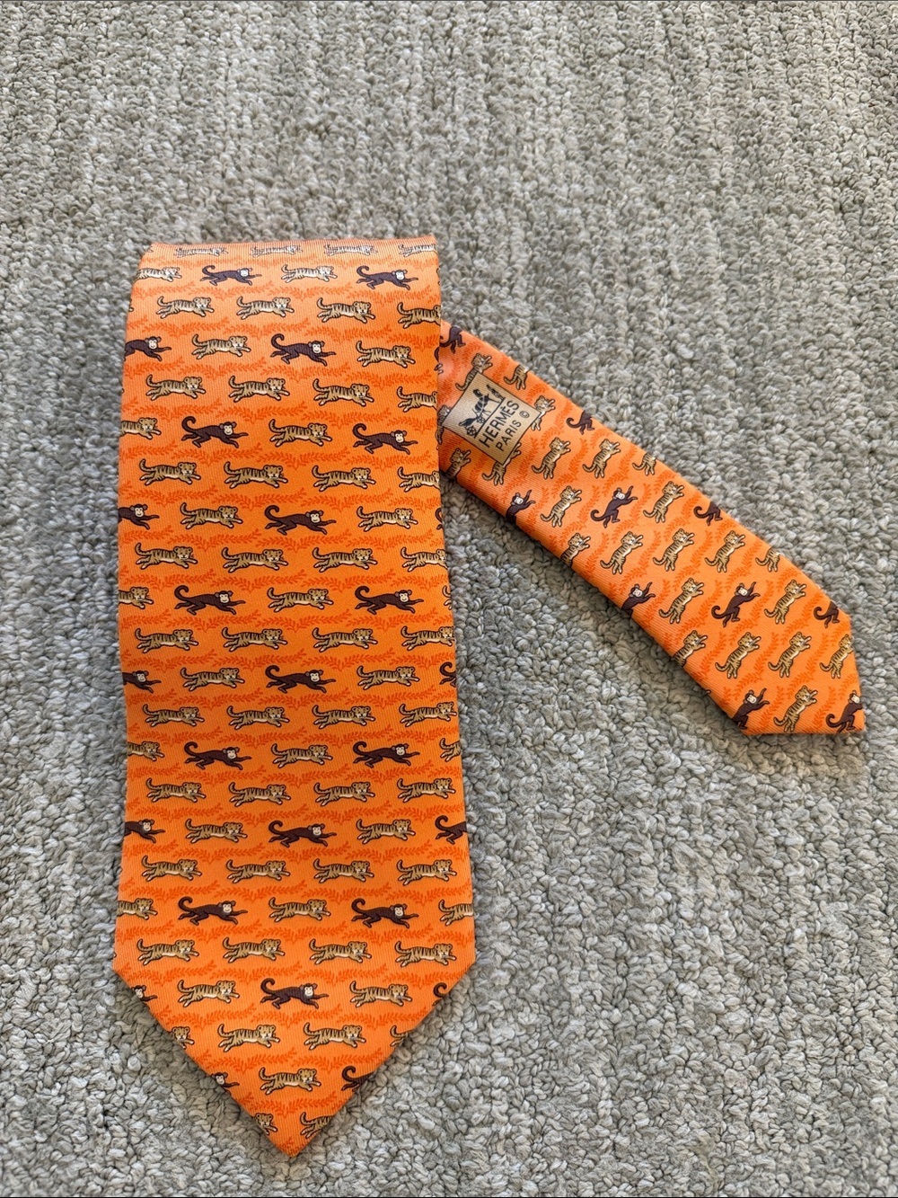 Authentic Hermés Orange Silk Tigers & Monkeys Necktie